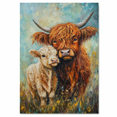 Highland Cow and Calf in Wildflower Field Colorful Farm Animal Artwork for Country Homes and Animal Lovers on Ready to Hang 1.5" Thick Canvas Wrap, Floating Framed Canvas, Flat Rolled Canvas